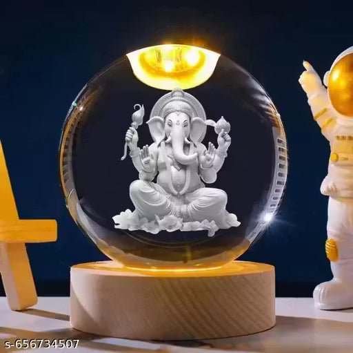Ganesh Ji Crystal Ball Night Light (6 CM) | Glass Ball USB LED Lamp | Home, Office & Pooja Room Decor