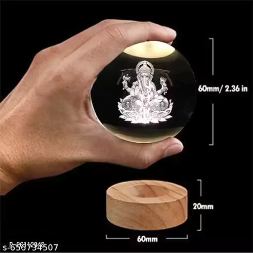 Ganesh Ji Crystal Ball Night Light (6 CM) | Glass Ball USB LED Lamp | Home, Office & Pooja Room Decor